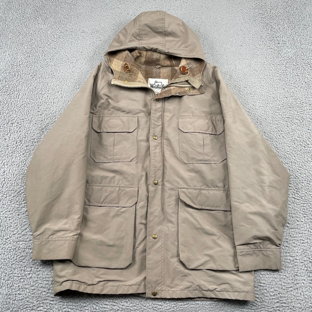 Woolrich Parka Jacket Mens Large Tan Mountain Plaid Lined Hooded Cargo USA